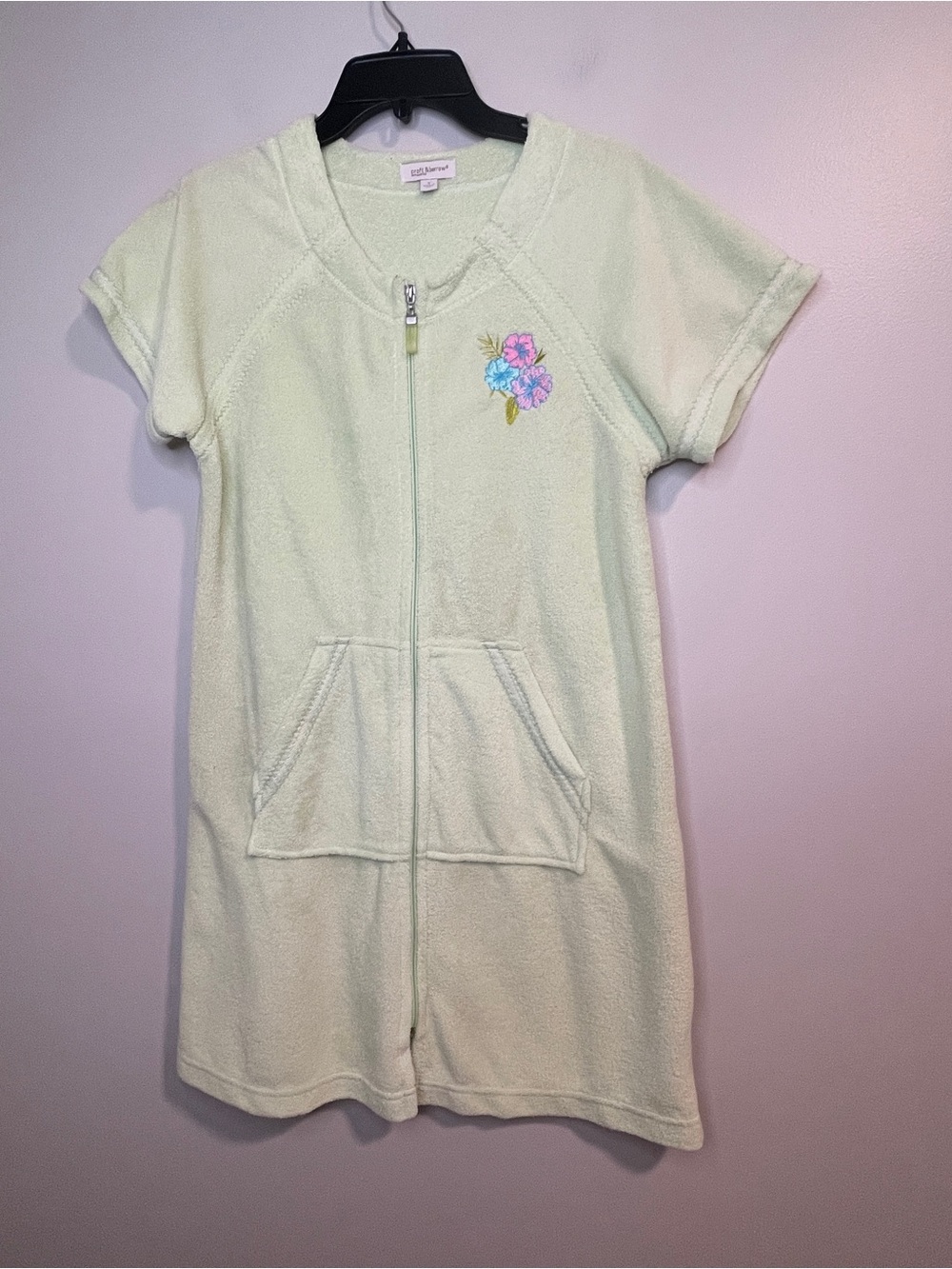 croft & barrow Pale Green Short-Sleeve Terry Zip Robe with Floral Embroidery